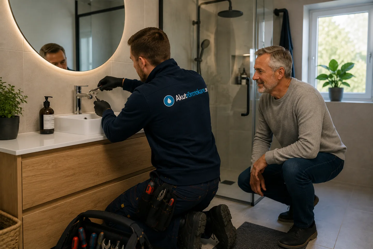 Rörmokare byter blandare vid handfatet i ett badrum medan kunden följer arbetet.