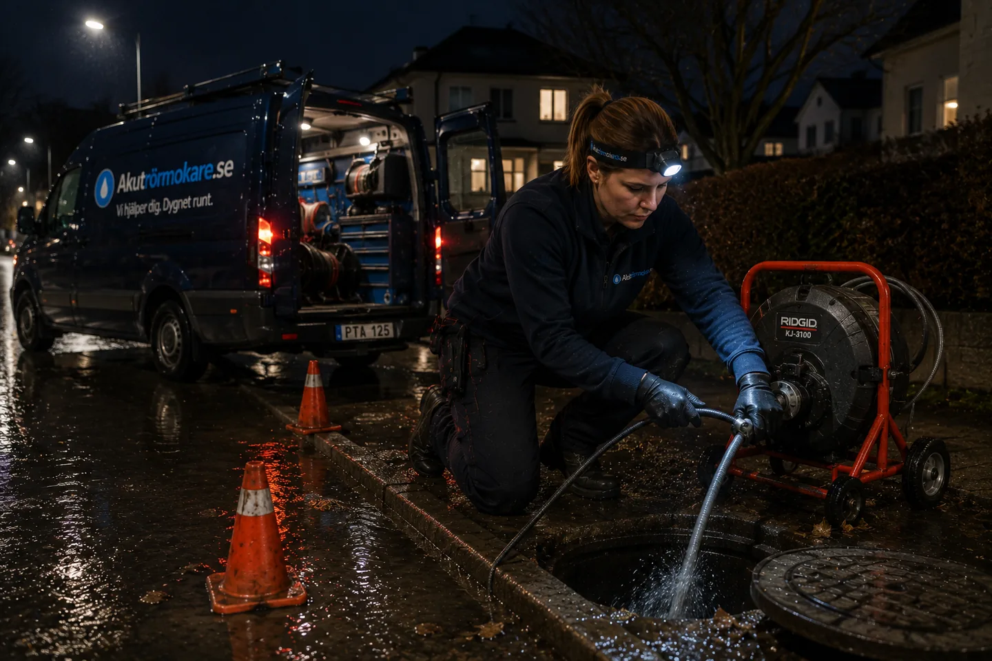 VVS-tekniker arbetar med professionell avloppsutrustning.