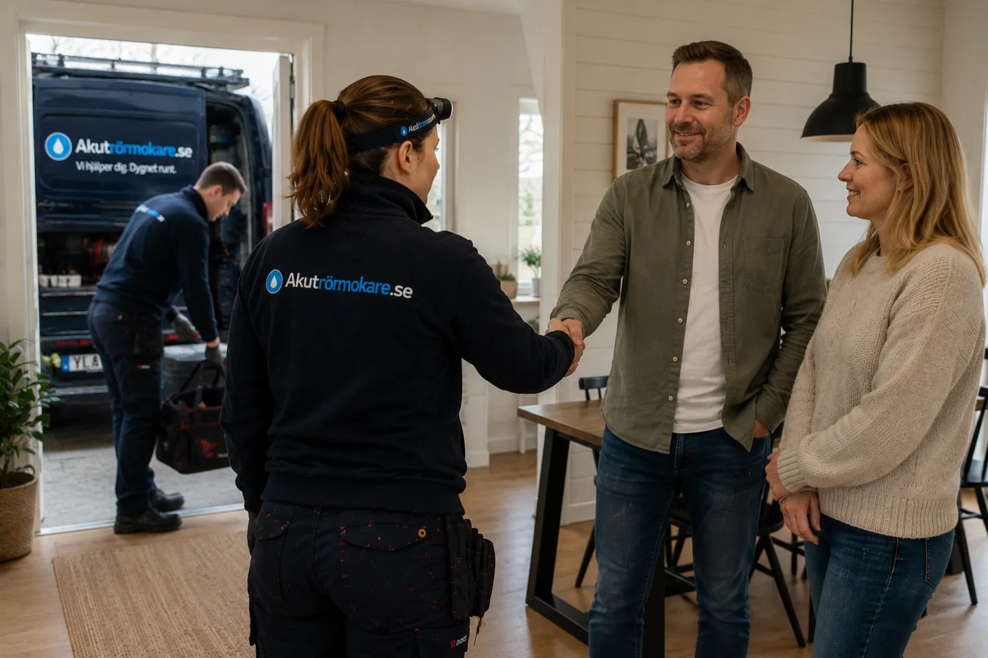 Rörmokare tar i hand med kunderna i deras kök efter avslutat jobb, servicebilen syns utanför.