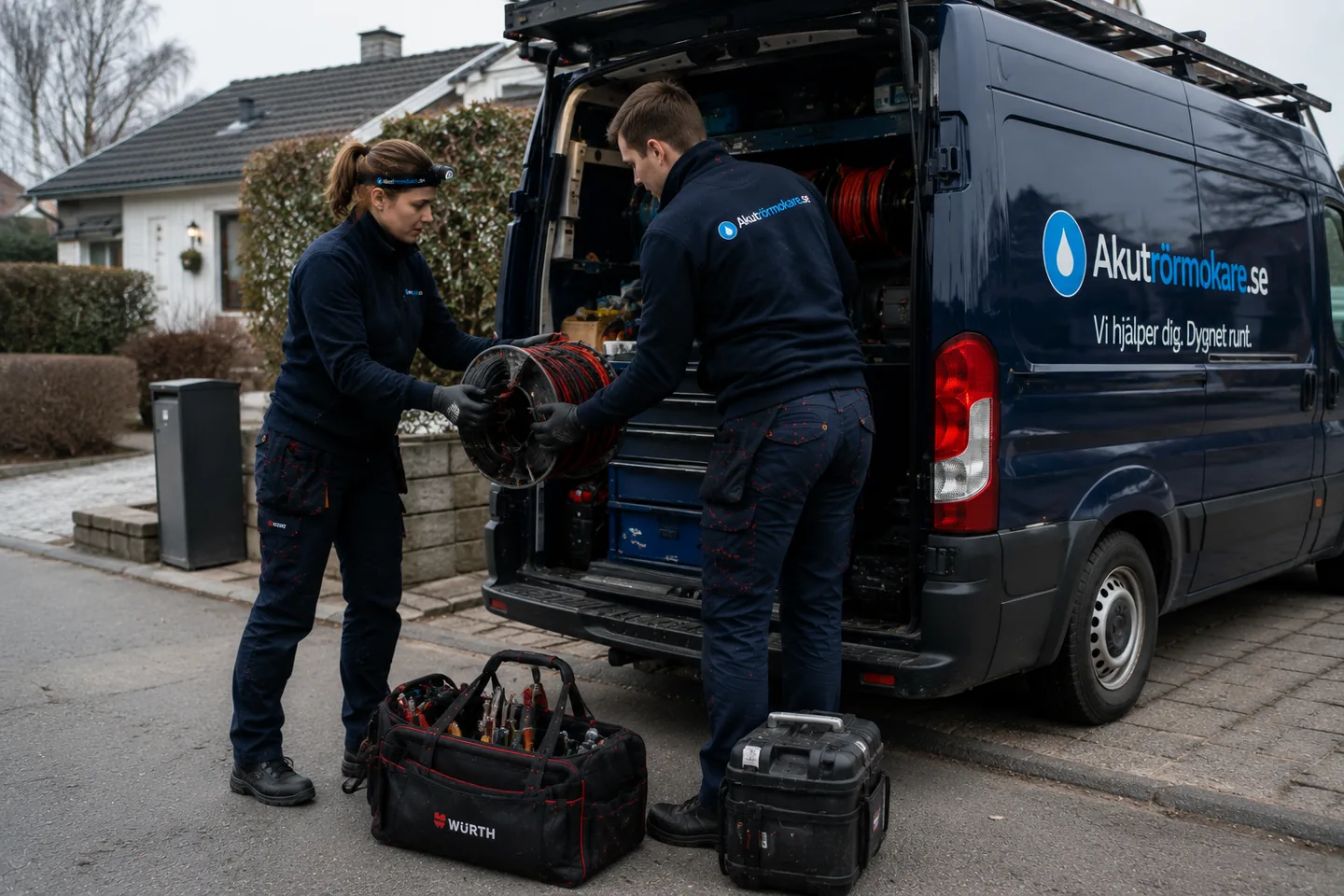 Två rörmokare lastar av spolutrustning ur servicebilen utanför en villa.