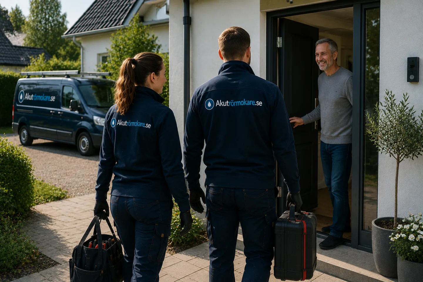 VVS-tekniker anländer till en villa och möts av kunden.
